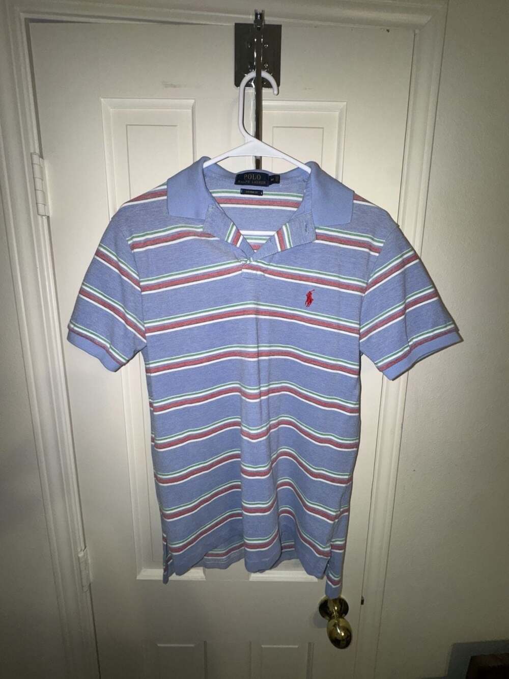 Polo Ralph Lauren Custom Fit Striped Polo Shirt Blue Red Green Men's Size M